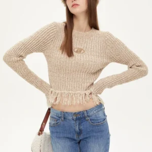 Women Sweater Supplier Custom Polyester Crew Neck Color Mixed Fancy Yarn Rib Knitted Pullover Sweater