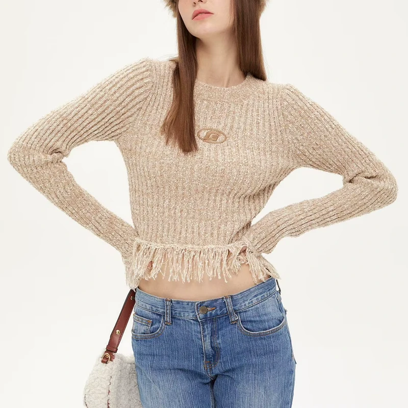 Women Sweater Supplier Custom Polyester Crew Neck Color Mixed Fancy Yarn Rib Knitted Pullover Sweater