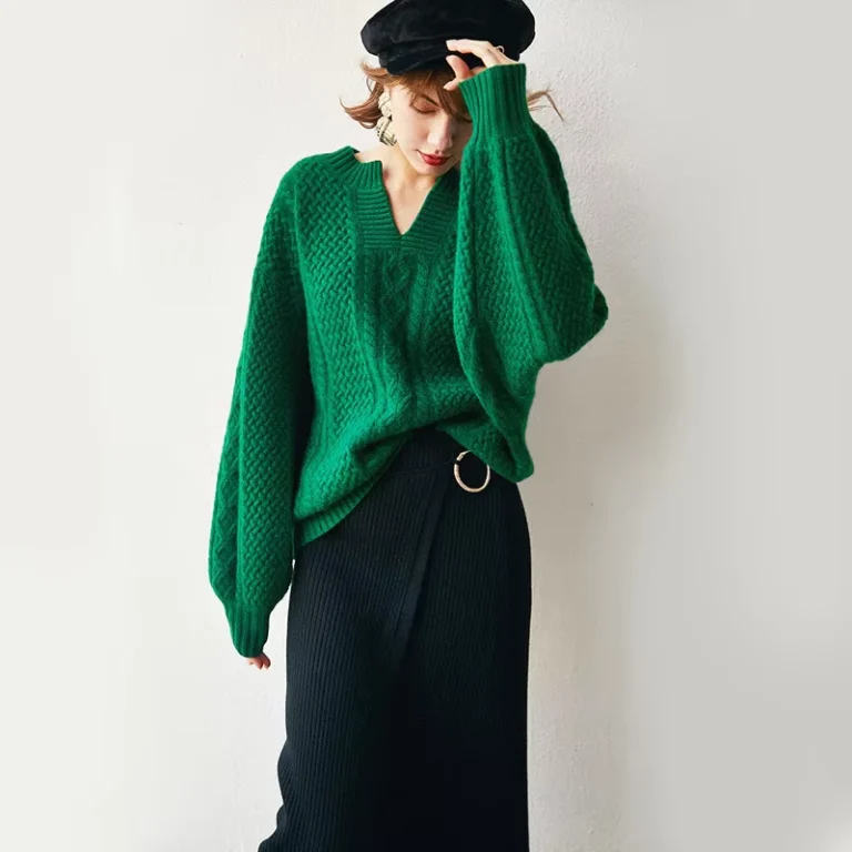 Women-Winter-Retro-Loose-V-neck-Pullover-Emerald-Knit-Cashmere-Sweater