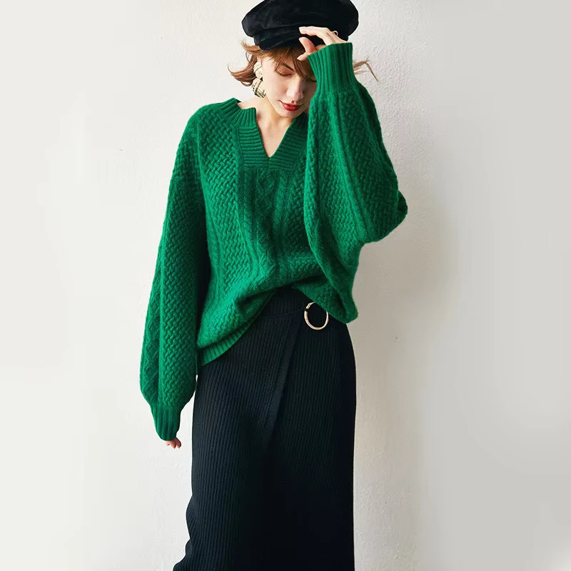 Women Winter Retro Loose V neck Pullover Emerald Knit Cashmere Sweater