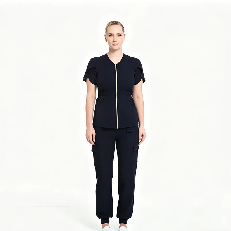 Women Zip Front Nursing Scrub Set Cinched Waist Top with Layered Sleeves Multi Pocket Jogger Pants