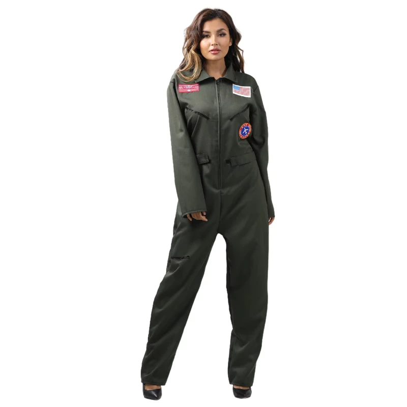 Women's Air Fighter Pilot Jumpsuit Embroidered Patches Pocket Cosplay Flight Suit
