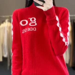 Women’s Autumn Casual Jacquard Sweater with Front Logo Turtleneck Collar Breathable Anti Pilling Pullover