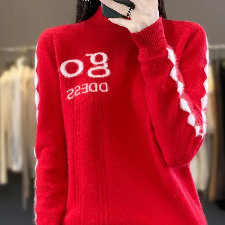 Womens-Autumn-Casual-Jacquard-Sweater-with-Front-Logo-Turtleneck-Collar-Breathable-Anti-Pilling-Pullover