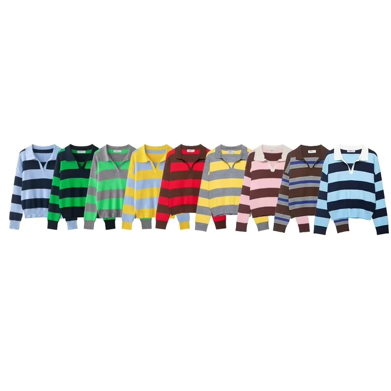 Women's Autumn New Casual Fashion Joker Striped Lapel Knitted Sweater Retro Women's Chic Long-Sleeved Sweater