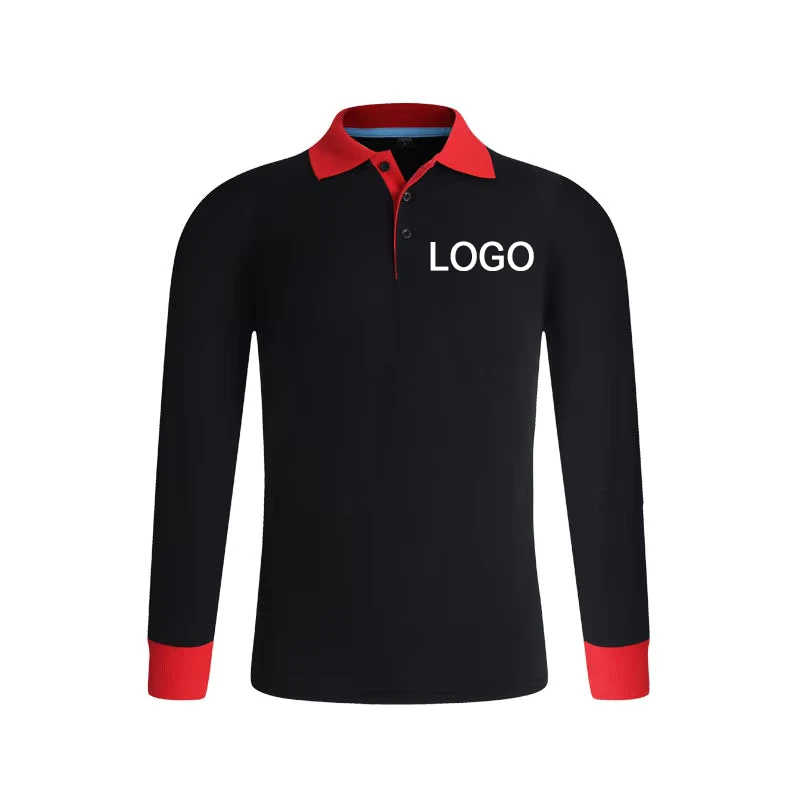Women's Black Long Sleeve Cotton Polo Shirt Restaurant Uniform 220g