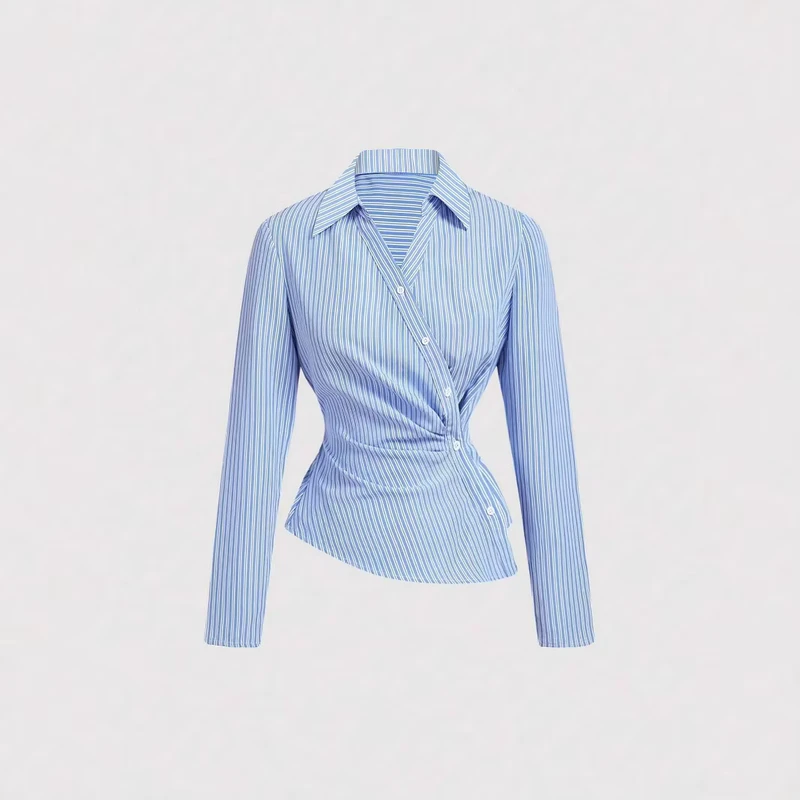 Women's Blue and White Vertical Stripes Asymmetric Long sleeved Shirt Kink Design Fashion Irregular