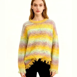 Women’s Breathable Computer Knitted Color Blocking Crew Neck Vintage Casual Knit Polyester Fabric Spring Sweater