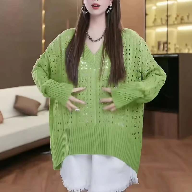Women's Casual Drop Shoulder Sweater with Hollow Out Bracelet Sleeve for Winter