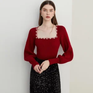 Women’s Casual Fashion Knitted Sweater with Long Sleeves and Beading Asymmetrical Design Front Logo for Autumn Season