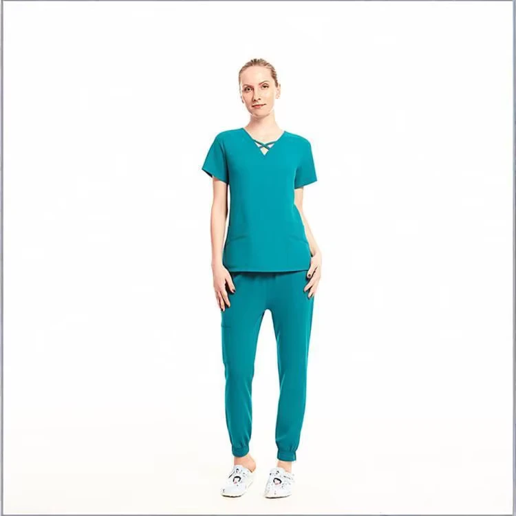 Women's Criss Cross V Neck Jogger Scrub Set Stretch Multi Pocket Medical Uniform Nurse Workwear Custom Logo
