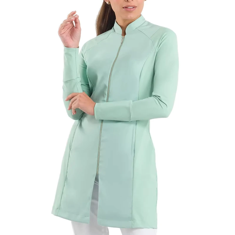 Women's Doctor Lab Coat Woven Cotton Polyester Zipper Long Sleeve Slim Fit Medical Uniform White Needle Detection Hospital Use