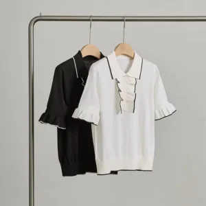 Women’s Elegant Short Sleeved Summer Top French for Polo Collar Knitted T Shirt Ladies Tops