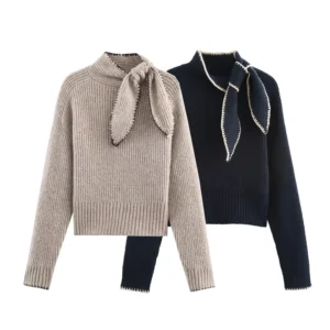 Women’s French Sweet Style Long Sleeved Stand up Collar Pullover Butterfly Knot Embellished Knitted Sweater
