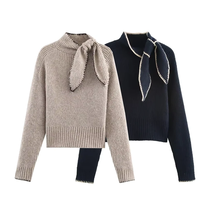 Women's French Sweet Style Long Sleeved Stand up Collar Pullover Butterfly Knot Embellished Knitted Sweater