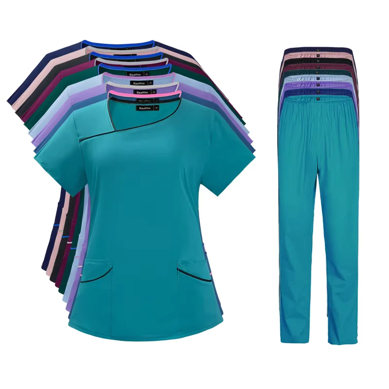 Women's Green Short-Sleeve Nurse Scrub Jacket and Pants Set