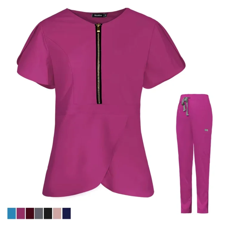 Womens-Half-Zip-Short-Sleeve-Scrub-Top-and-Pants-Set-for-Pet-Clinics-and-Nursing