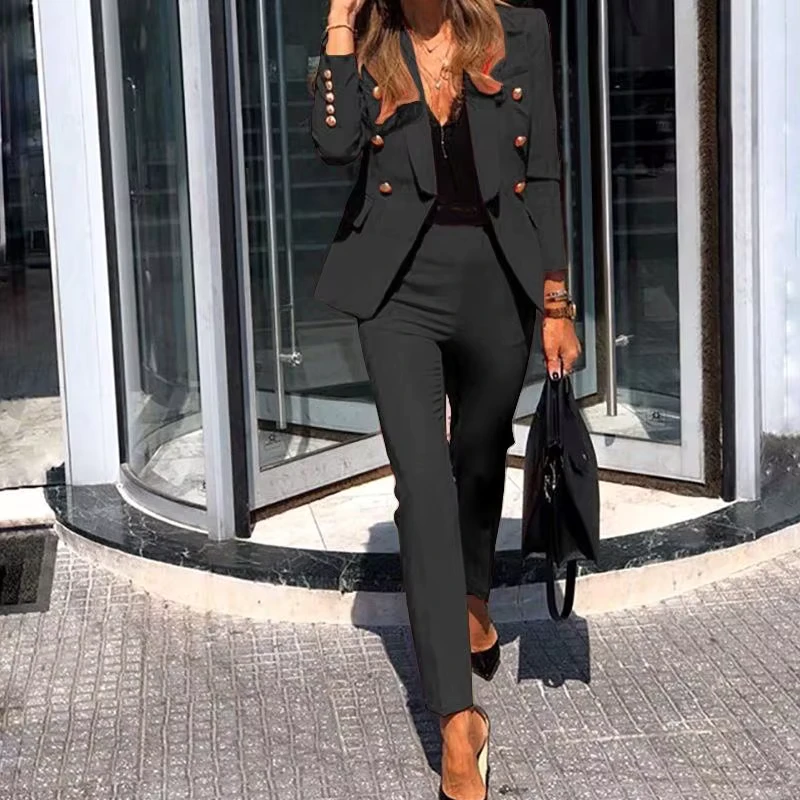 Women's High Quality Solid Color Slim Fit Long Sleeve Blazer Suit Set
