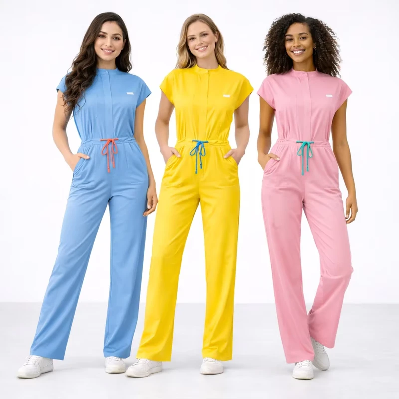 Women's High-Waisted Wide-Leg Medical Scrub Set Stretch Woven Polyester Plus Size