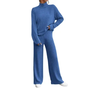 Women’s Home Languor Style Sweater Suit Autumn Winter Casual High Neck Knitted Long Sleeve Loose Fit Solid Woven Sweater