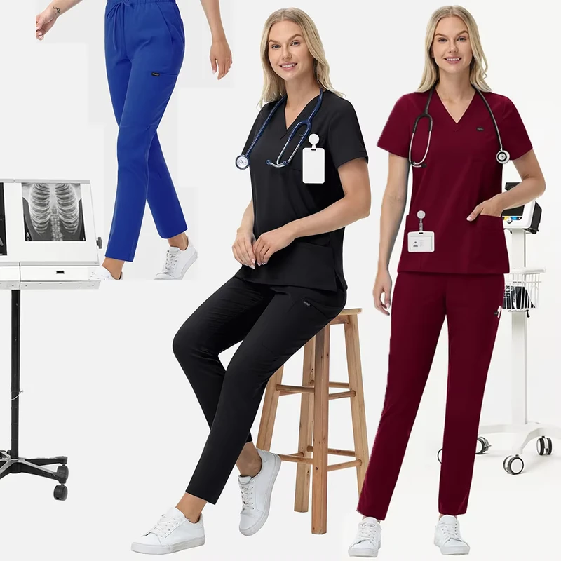 Women's Hospital Nursing Uniform Set with Straight Pants for Dental Salon Beauty and Medical Work