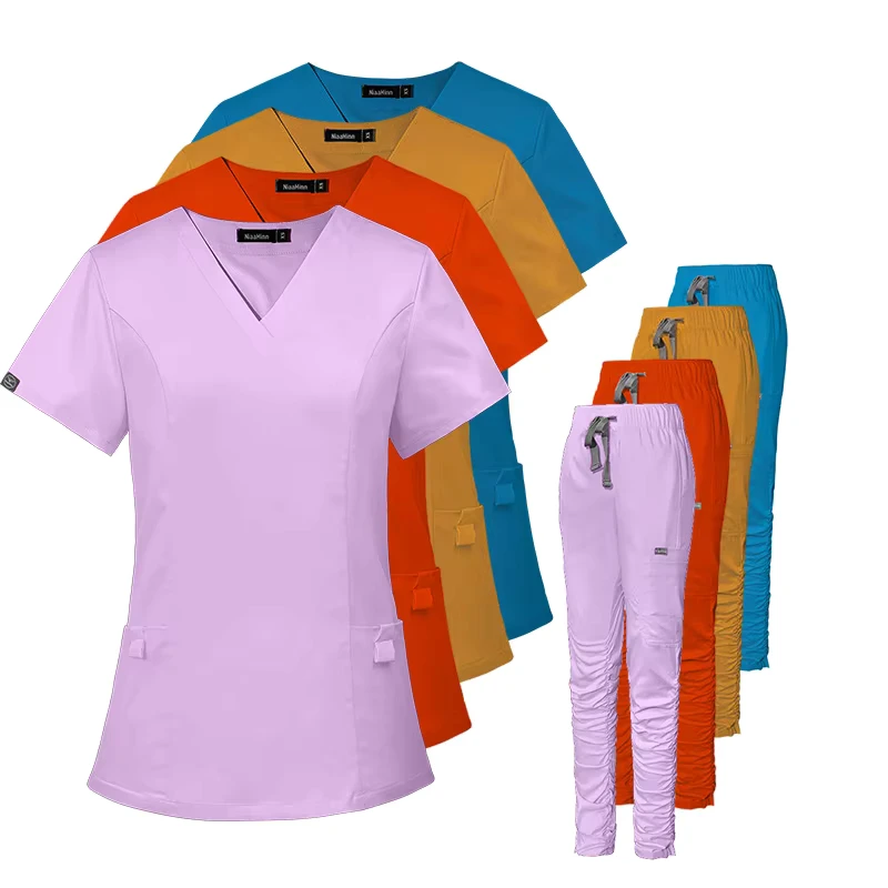 Women's Hospital Uniform Set Breathable Sweat-Absorbent Nursing Scrubs with Straight-Leg Pants Custom Logo