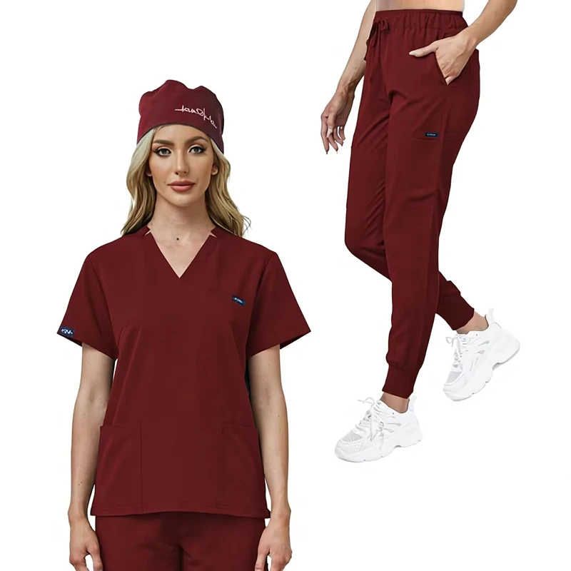 Women's Hospital V Neck Scrubs Set with Cap Stretchy Spandex Top and Jogger Pants 11 Pockets Soft Dobby Fabric Nursing Uniform