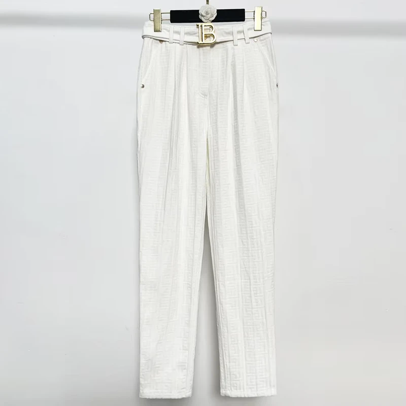 Women's Jacquard High-Waist Pants with Lace-Up Detail and Pockets