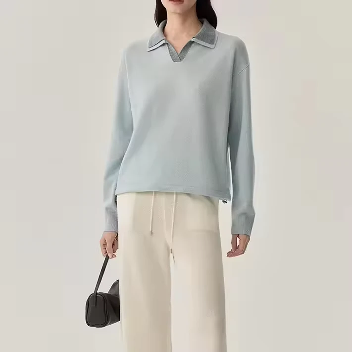 Women's Long-Sleeve Solid Color Loose-Fit Polo Collar Pullover Sweater