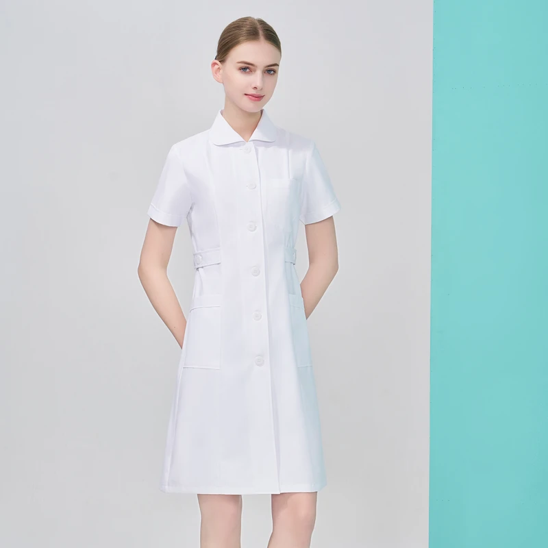 Women's Long- and Short-Sleeve Nurse Uniforms in Pink and Blue with Stand-Up and Doll Collars
