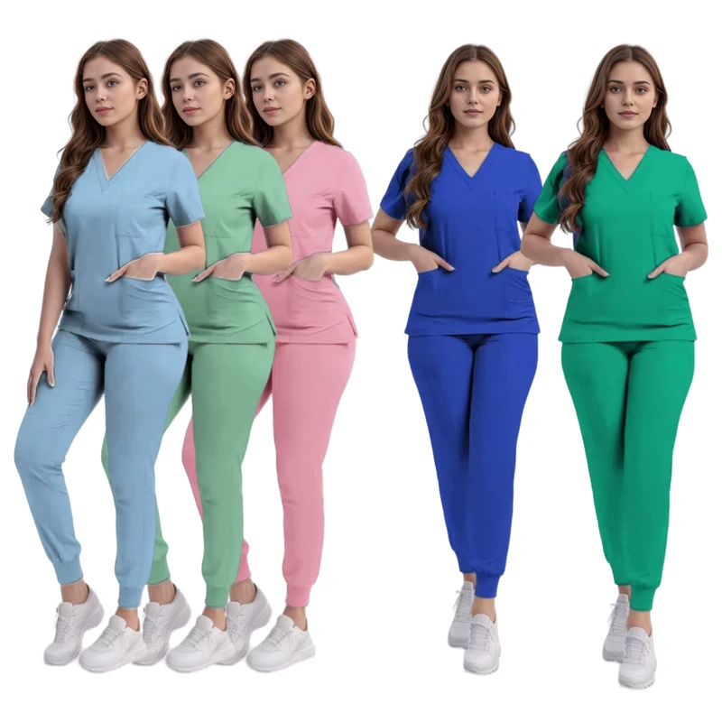 Women's Medical Scrub Set Hospital Surgical Short Sleeve Top and Pants for Nurses and Doctors