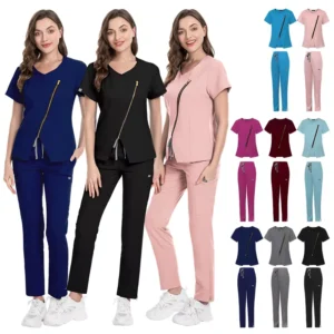 Womens Medical Scrub Set Stretch Zipper Top Nurse Uniform Pants OEM