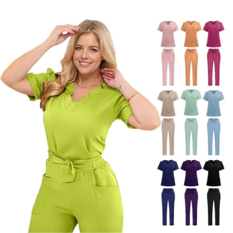 Womens-Medical-Scrub-Set-with-Printed-Logo-Bow-Detail-and-Straight-Leg-Pants