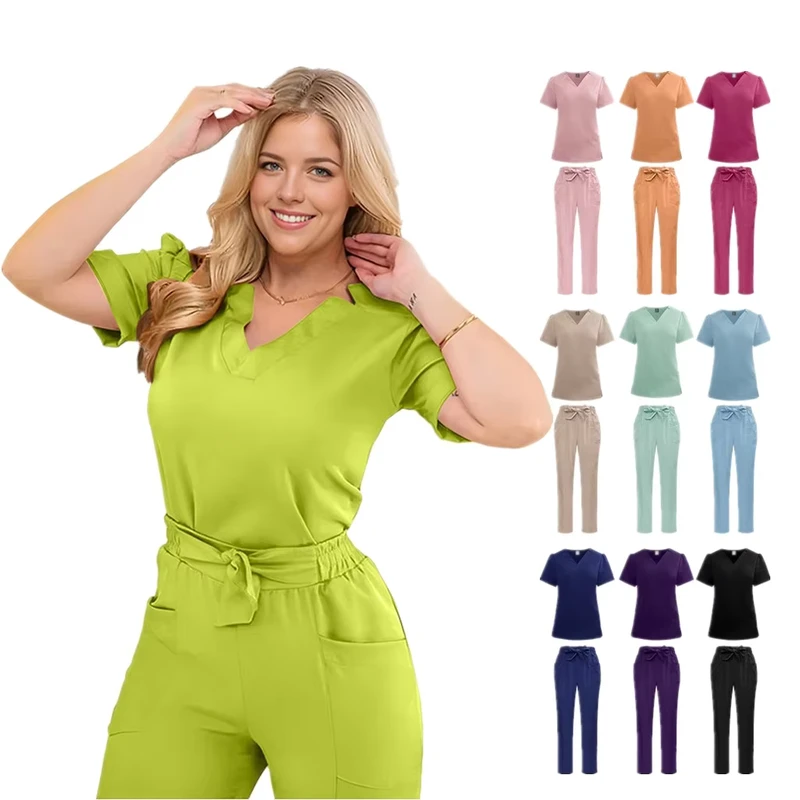 Women's Medical Scrub Set with Printed Logo, Bow Detail, and Straight-Leg Pants