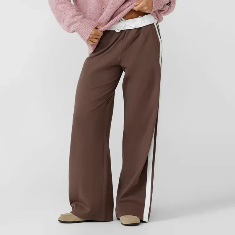 Womens-Mid-Rise-Fold-Over-Waist-Contrast-Stripe-Gym-Joggers-Drawstring-Straight-Leg-Track-Pants