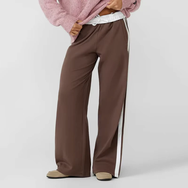 Women's Mid-Rise Fold-Over Waist Contrast-Stripe Gym Joggers Drawstring Straight-Leg Track Pants