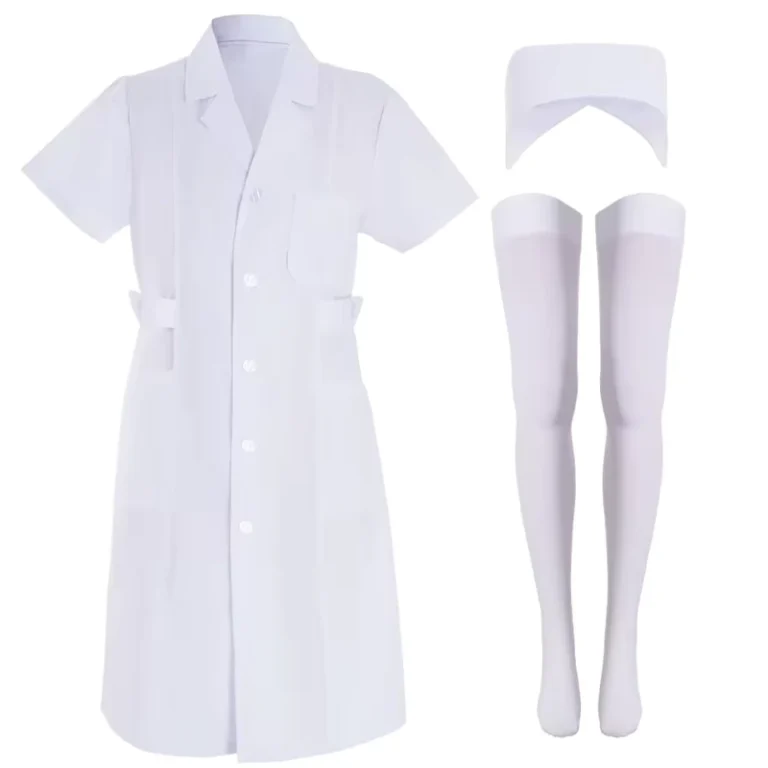 Womens-Nurse-3pcs-Set-with-White-Short-Sleeve-Lab-Coat-and-Scrubs-Woven-Fabric-White-Dress-Outfit