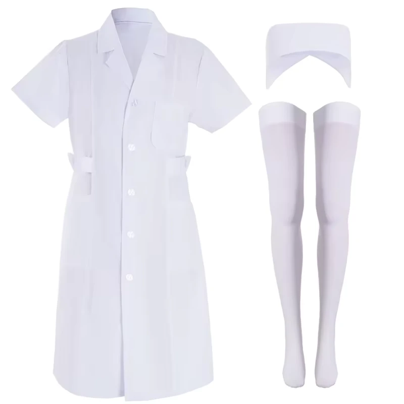 Women's Nurse 3pcs Set with White Short Sleeve Lab Coat and Scrubs Woven Fabric White Dress Outfit