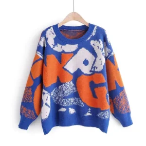 Women’s OEM Customized Jacquard Crew Neck Drop Shoulder Sweater China Factory