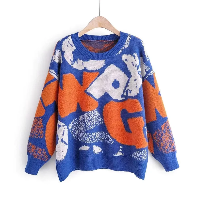 Women's OEM Customized Jacquard Crew Neck Drop Shoulder Sweater China Factory