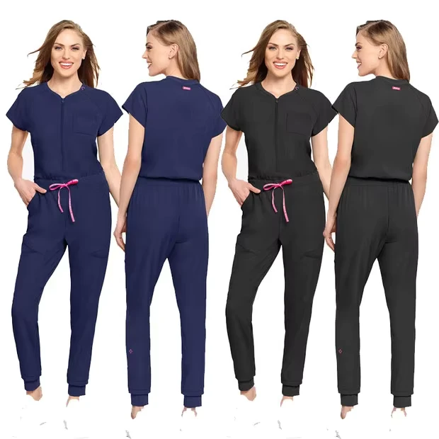 Womens-Petite-Nurse-Scrub-Jumpsuit-Set-Woven-Spandex-Cargo-Hospital-Uniform