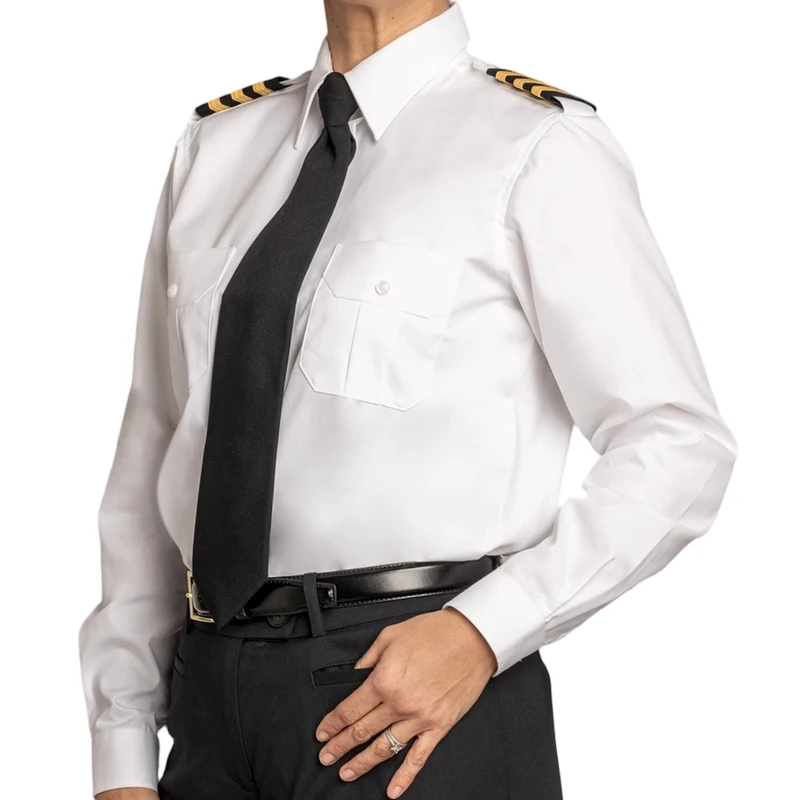 Women's Pilot Uniform Shirts Anti Wrinkle Breathable Moisture Wicking Shoulder Strap Pockets for Work Manufacturer Custom Label