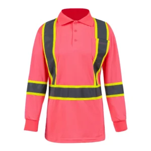 Women’s Pink Polyester Hi Vis Long Sleeve Polo Shirt Breathable Safety Work Clothing With Pocket Reflective Design