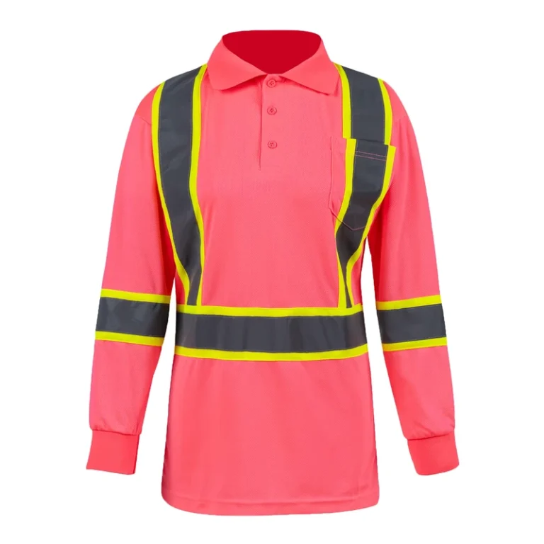 Womens-Pink-Polyester-Hi-Vis-Long-Sleeve-Polo-Shirt-Breathable-Safety-Work-Clothing-With-Pocket-Reflective-Design