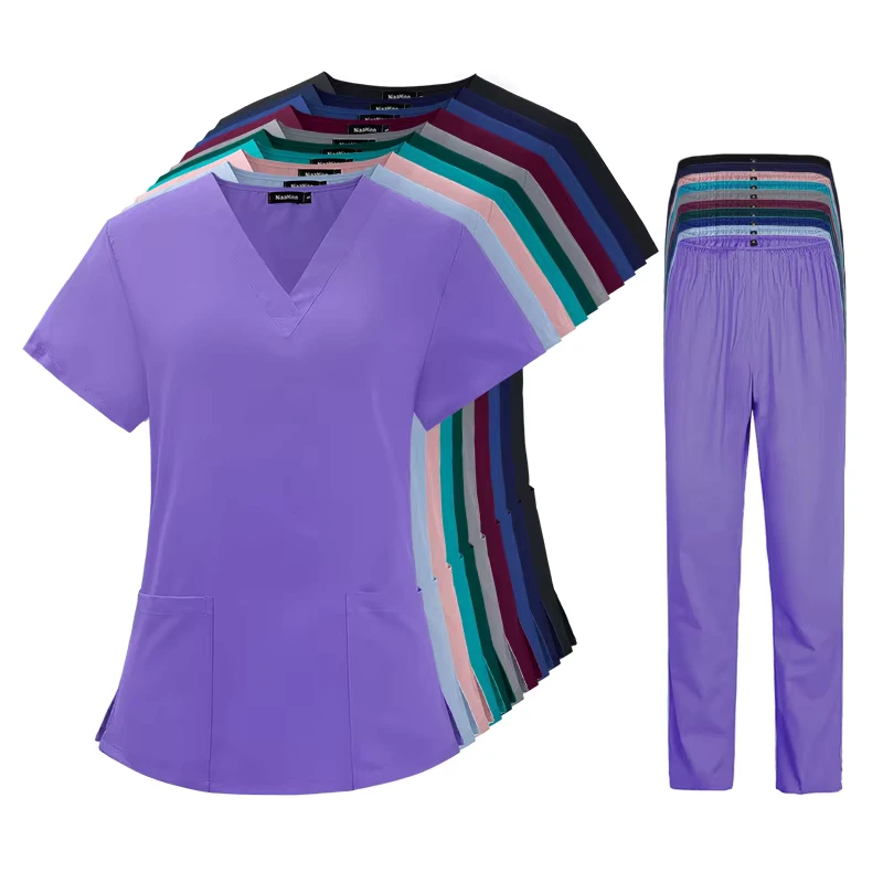 Women’s Plus Size Stretch Polyester Scrub and Spa Nursing Set, Blue and Pink
