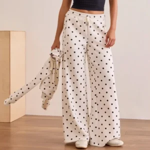 Women’s Polka Dot Wide Leg Sweatpants with Elastic Drawstring Waist and Side Pockets
