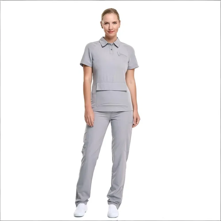 Womens-Polo-Collar-Scrub-Set-Multi-Pocket-Stretch-Medical-Uniform-Ankle-Zipper-Nurse-Workwear-Custom-Logo-for-Hospital