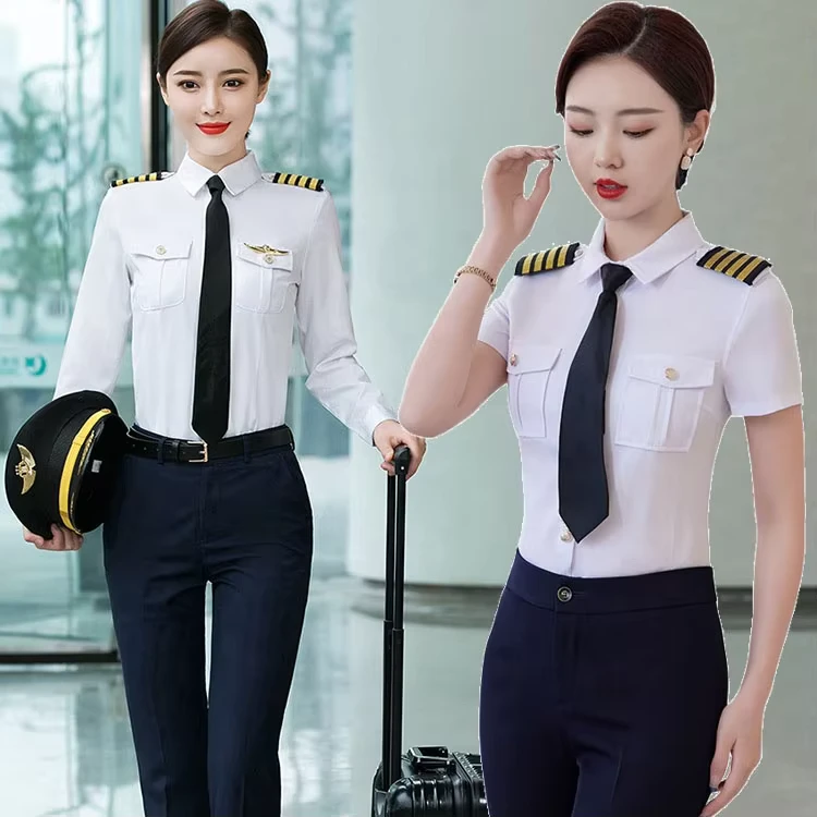 Womens-Short-Sleeve-Pilot-Shirt-Captain-Stripes-Flight-Costume-Aviator-Blouse-White