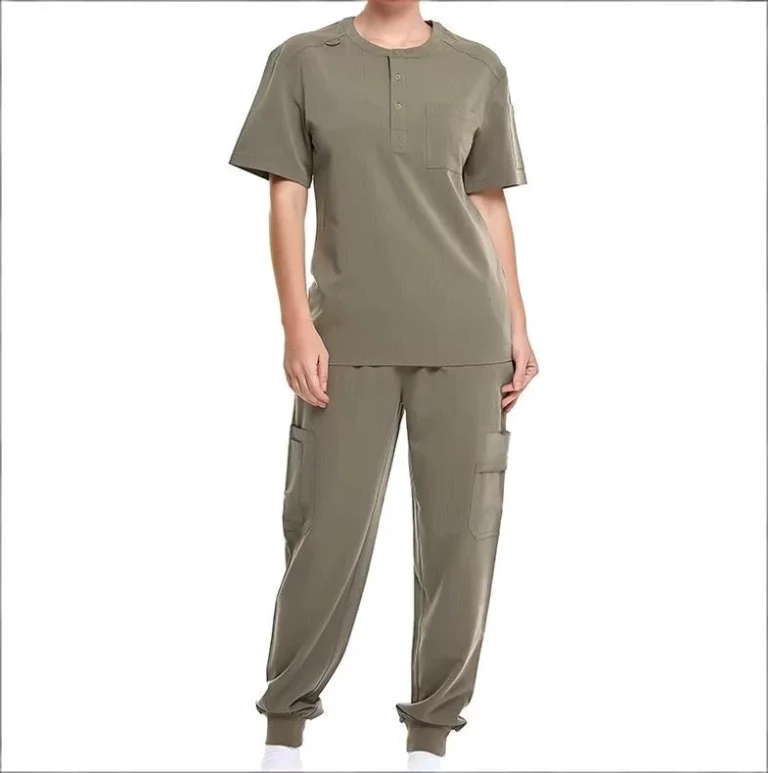 Womens-Slim-Fit-Henley-Scrub-Set-Stretch-Medical-Uniform-For-Aesthetic-Clinic-Dental-Veterinary-Hospital