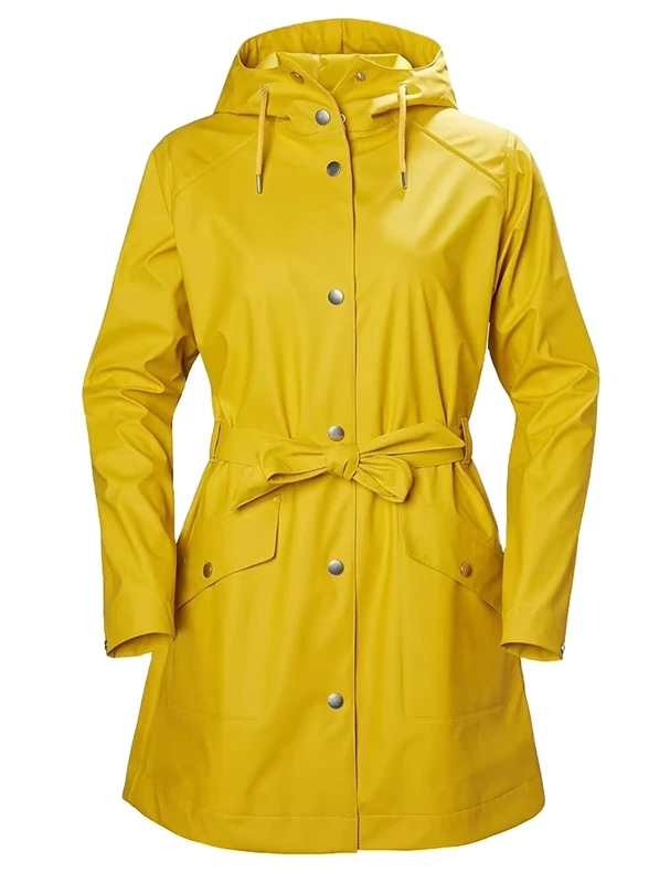 Women's Solid Bonded Breathable Woven Long PU Waterproof Windbreaker Hooded Raincoat Zipper Closure Belted Pockets Seamless